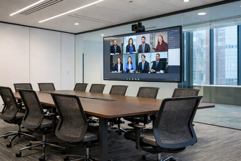 Corporate meeting room with large display screen used for internal communications and enterprise IPTV.