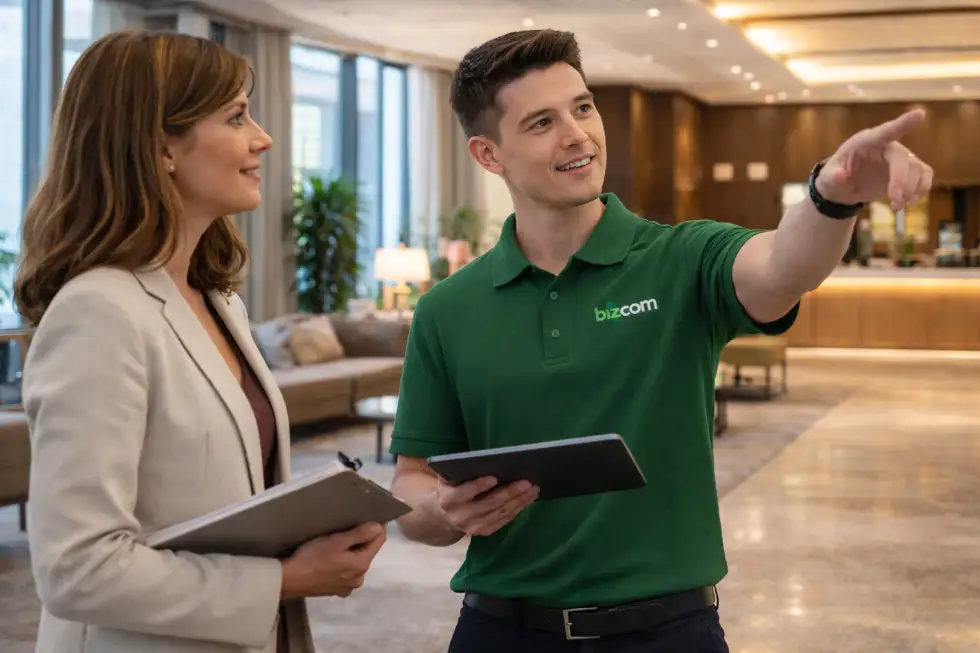 Bizcom consultant advising hotel manager on IPTV and digital screen placement strategy in a modern hotel foyer.