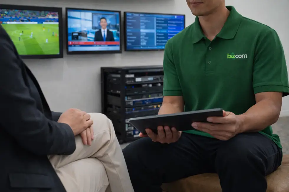 Bizcom consultant explaining IPTV system setup and multi-screen installation to a client using a tablet.